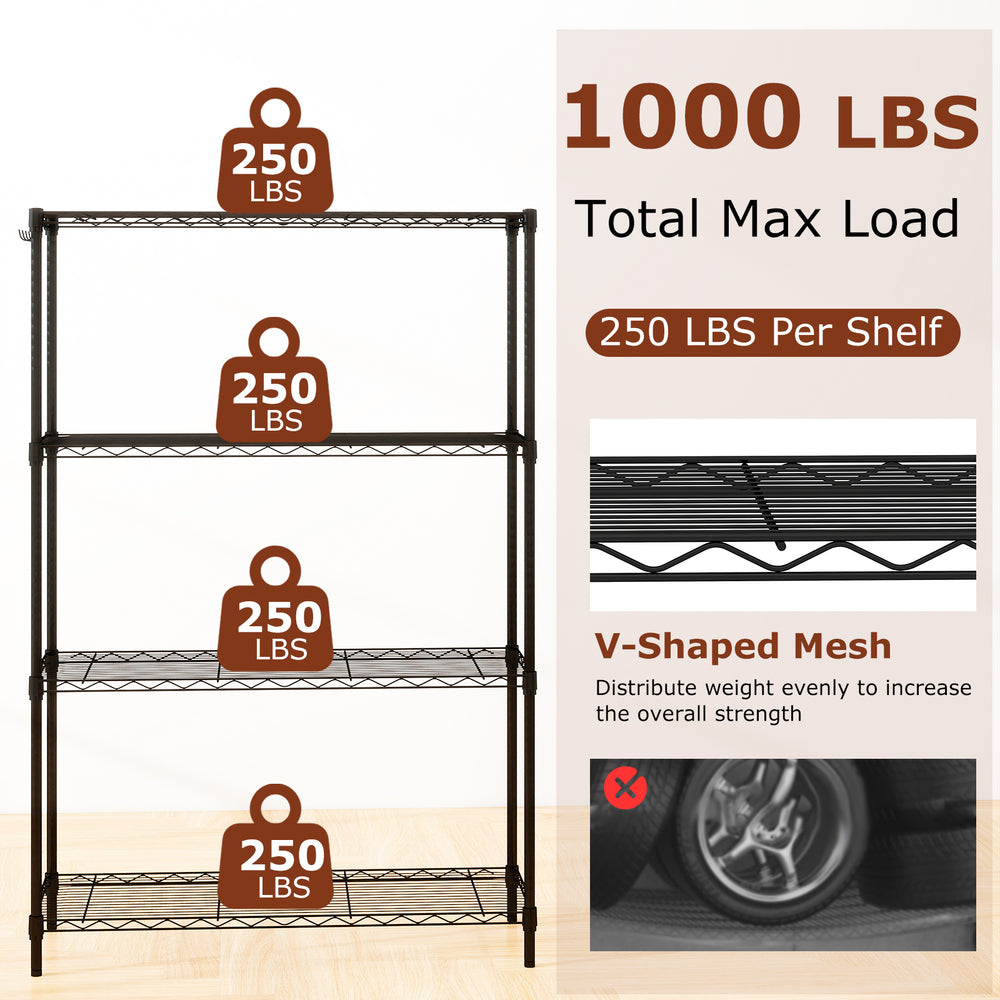 4-tier black metal storage shelving unit with V-shaped mesh, 1000 lbs capacity, ideal for garage and pantry.