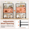 4-tier black metal storage shelving unit with adjustable shelves, ideal for organizing kitchen and garage items.