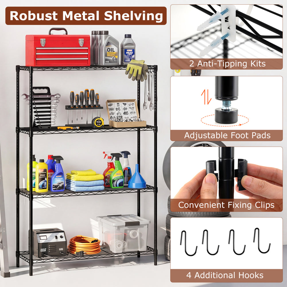 4-tier black metal shelving unit with V-shaped wire rack, adjustable shelves, and 1000 lbs capacity for versatile.