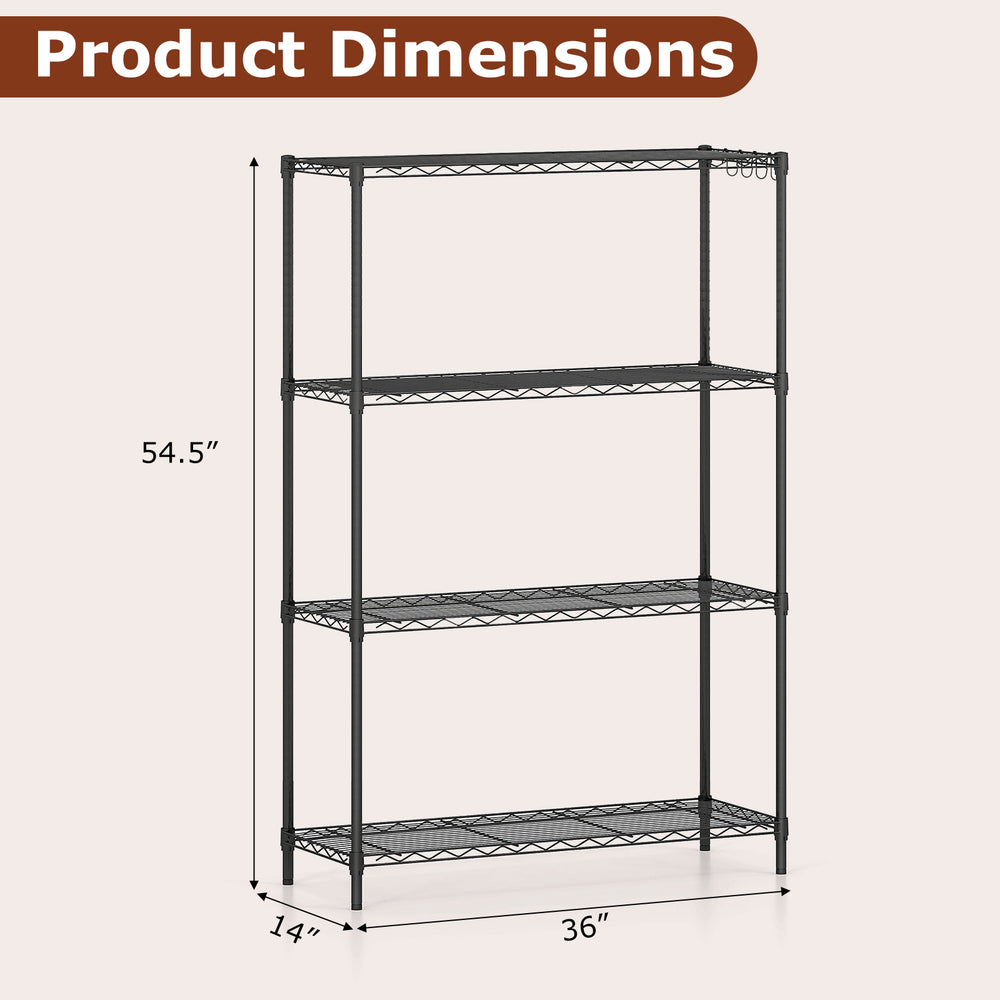 4-tier black metal storage shelving unit with adjustable shelves, measuring 54.5" x 36" x 14", ideal for organizing.