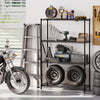 4-tier black metal storage shelving unit with adjustable shelves and V-shaped wire racks, ideal for garage organization.