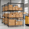 4-tier black metal storage shelving unit with V-shaped wire racks, filled with boxes, ideal for garage or basement.