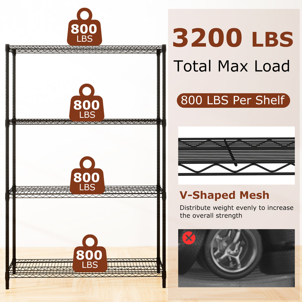 4-tier black metal storage shelving unit with V-shaped wire racks, supports 3200 lbs, ideal for garage or kitchen use.