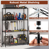 4-tier black metal storage shelving unit with V-shaped wire racks, adjustable shelves, and anti-tipping kits for garage.