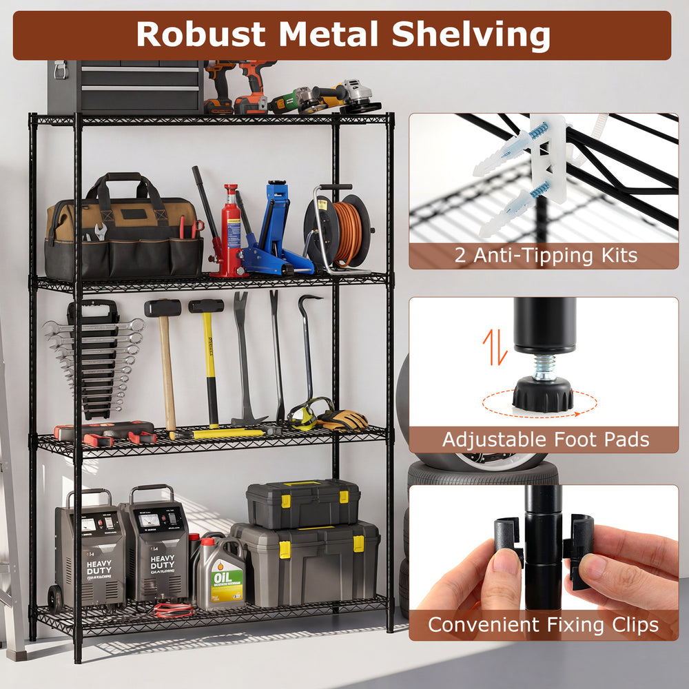 4-tier black metal storage shelving unit with V-shaped wire racks, adjustable shelves, and anti-tipping kits for garage.