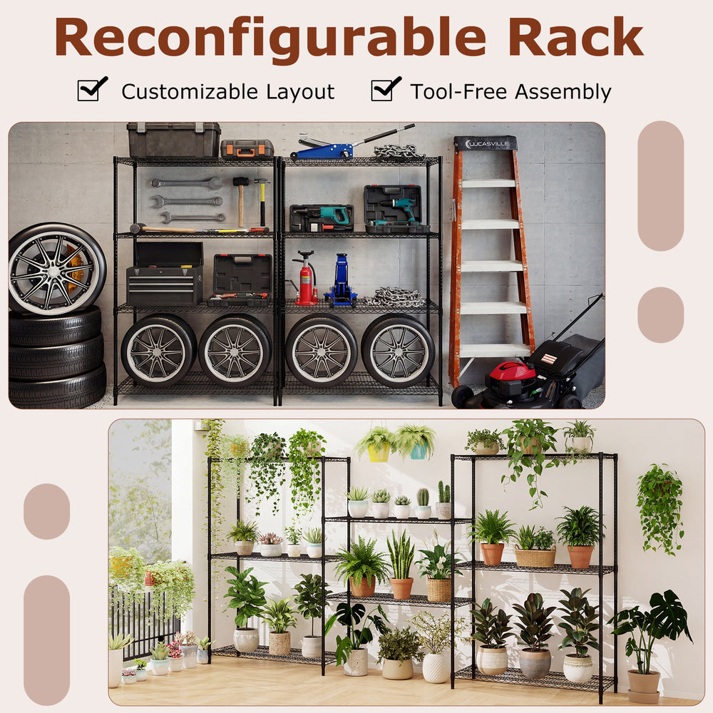 4-tier black metal storage shelving unit with V-shaped wire racks, adjustable shelves for garage, kitchen, or basement.