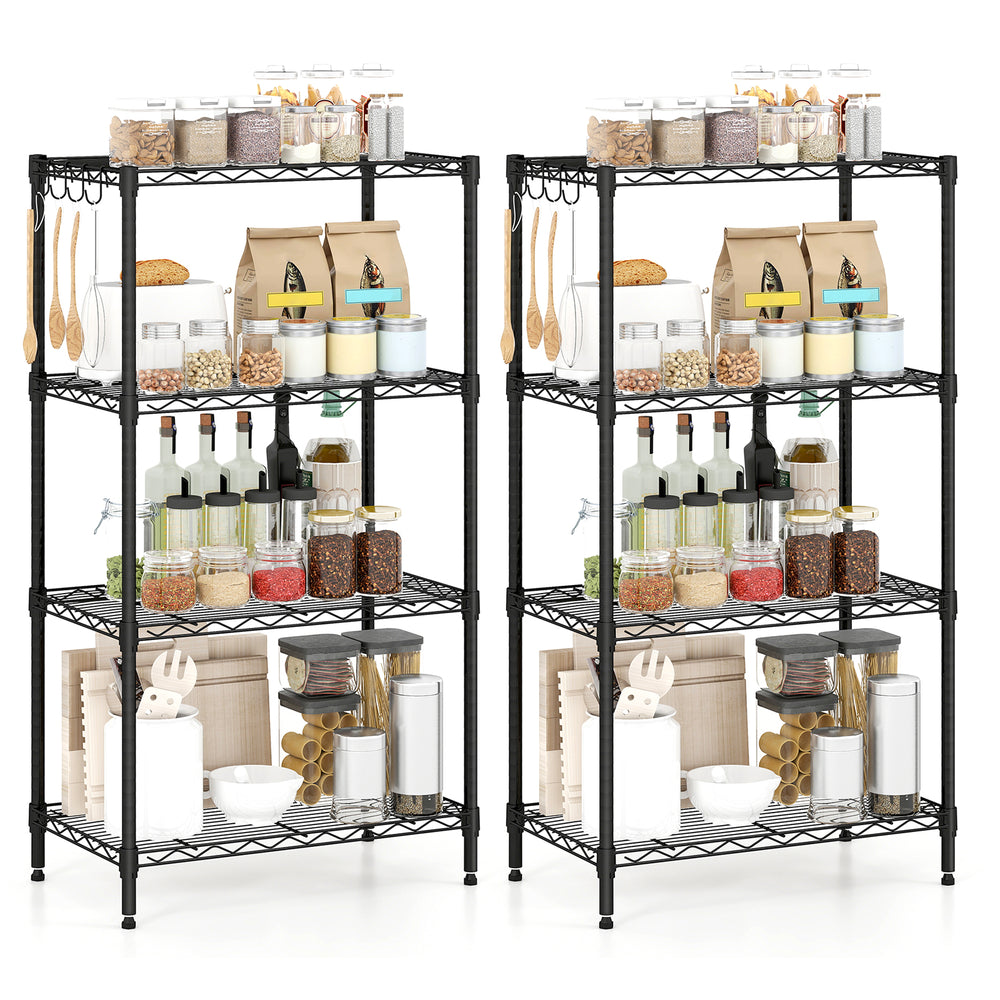 4-tier black metal storage shelving unit set of 2 with adjustable shelves, ideal for organizing kitchen and pantry.