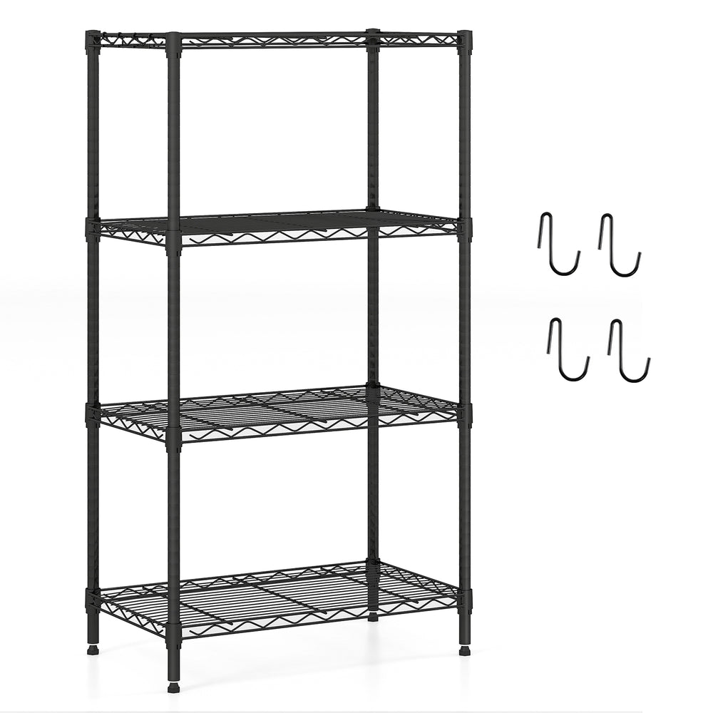 4-tier black metal storage shelving unit with adjustable shelves and removable hooks, ideal for organizing various.