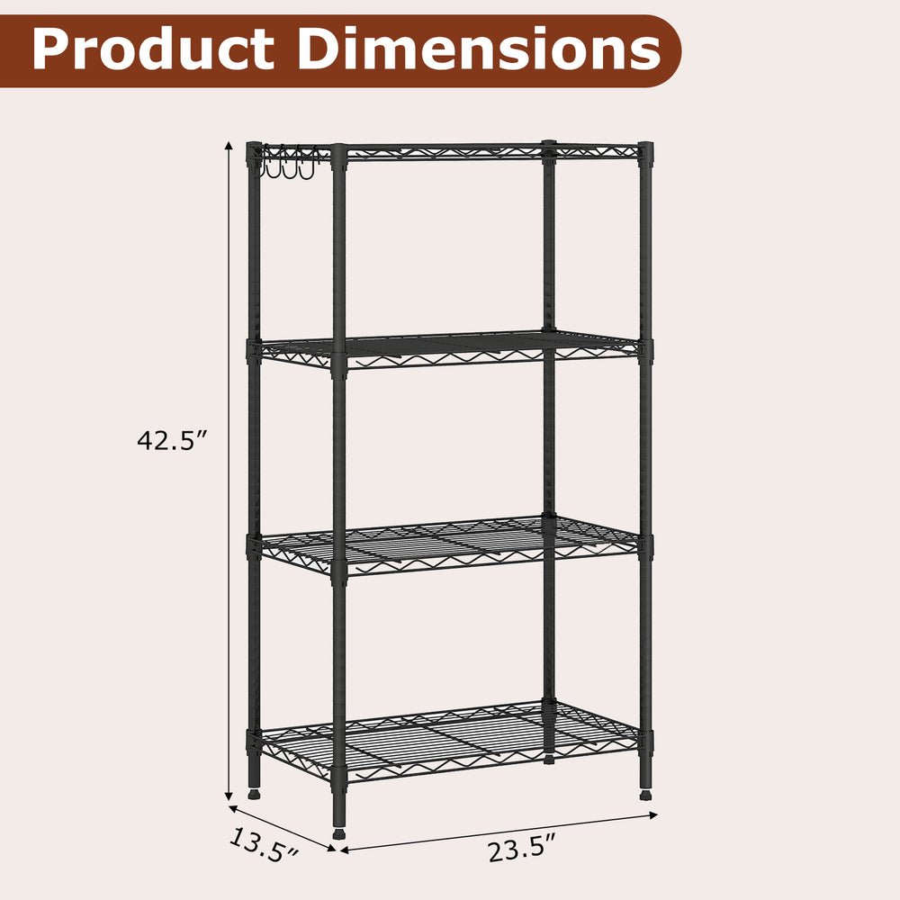 4-tier black metal storage shelving unit dimensions with adjustable shelves and leveling feet for versatile.