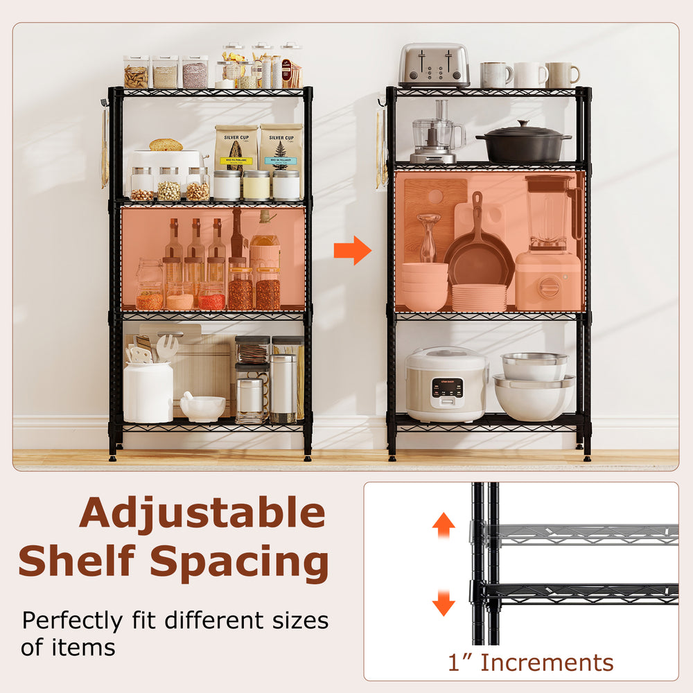 4-tier black metal storage shelving unit with adjustable shelves, ideal for organizing kitchen or garage items.
