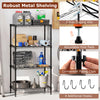 4-tier black metal shelving unit with adjustable shelves, anti-tipping kits, and removable hooks for versatile storage.