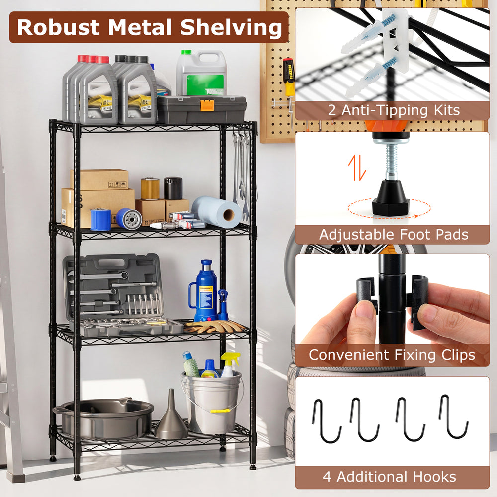 4-tier black metal shelving unit with adjustable shelves, anti-tipping kits, and removable hooks for versatile storage.