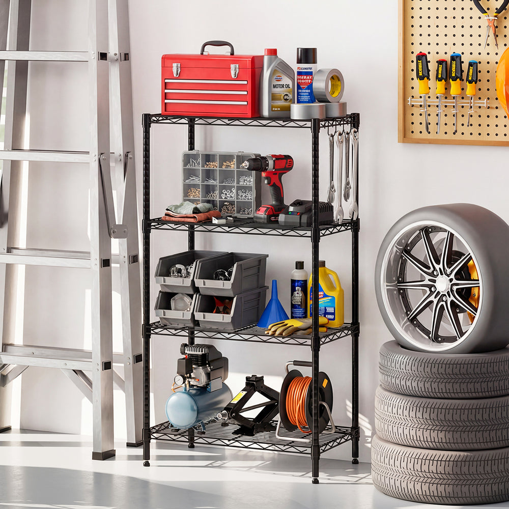 4-tier black metal storage shelving unit with V-shaped wire rack, ideal for garage organization and heavy-duty use.