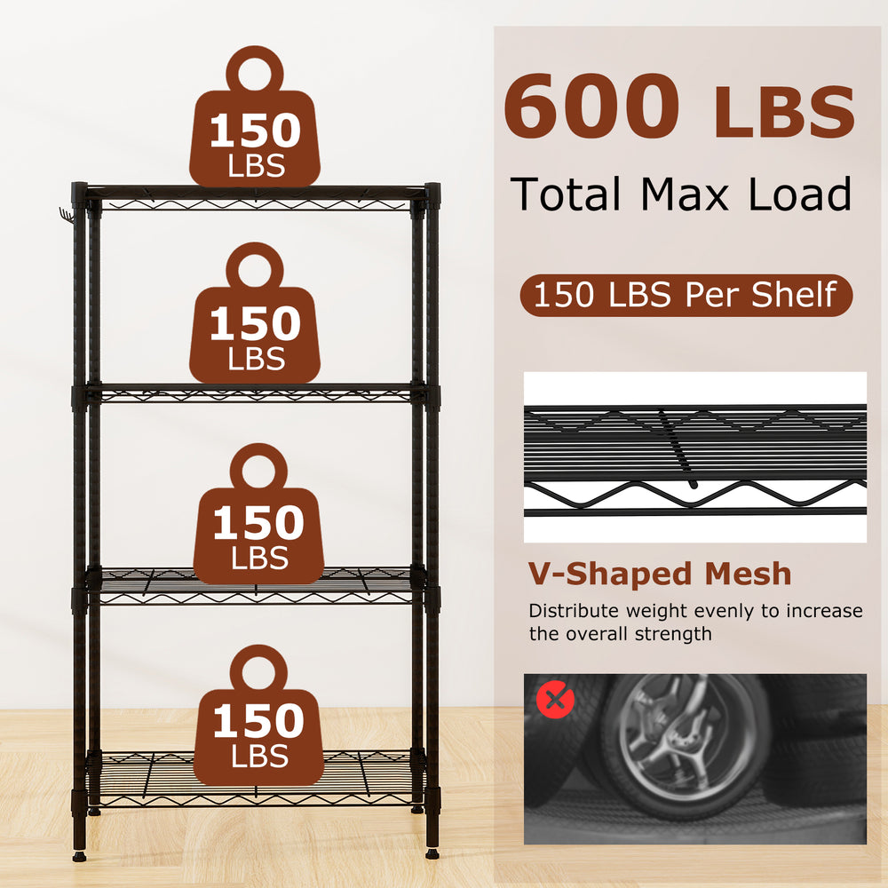 4-tier black metal storage shelving unit with V-shaped wire rack, 600 lbs capacity, ideal for kitchen or garage.