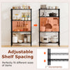4-tier black metal storage shelving unit with adjustable shelf spacing, ideal for organizing kitchen and pantry items.