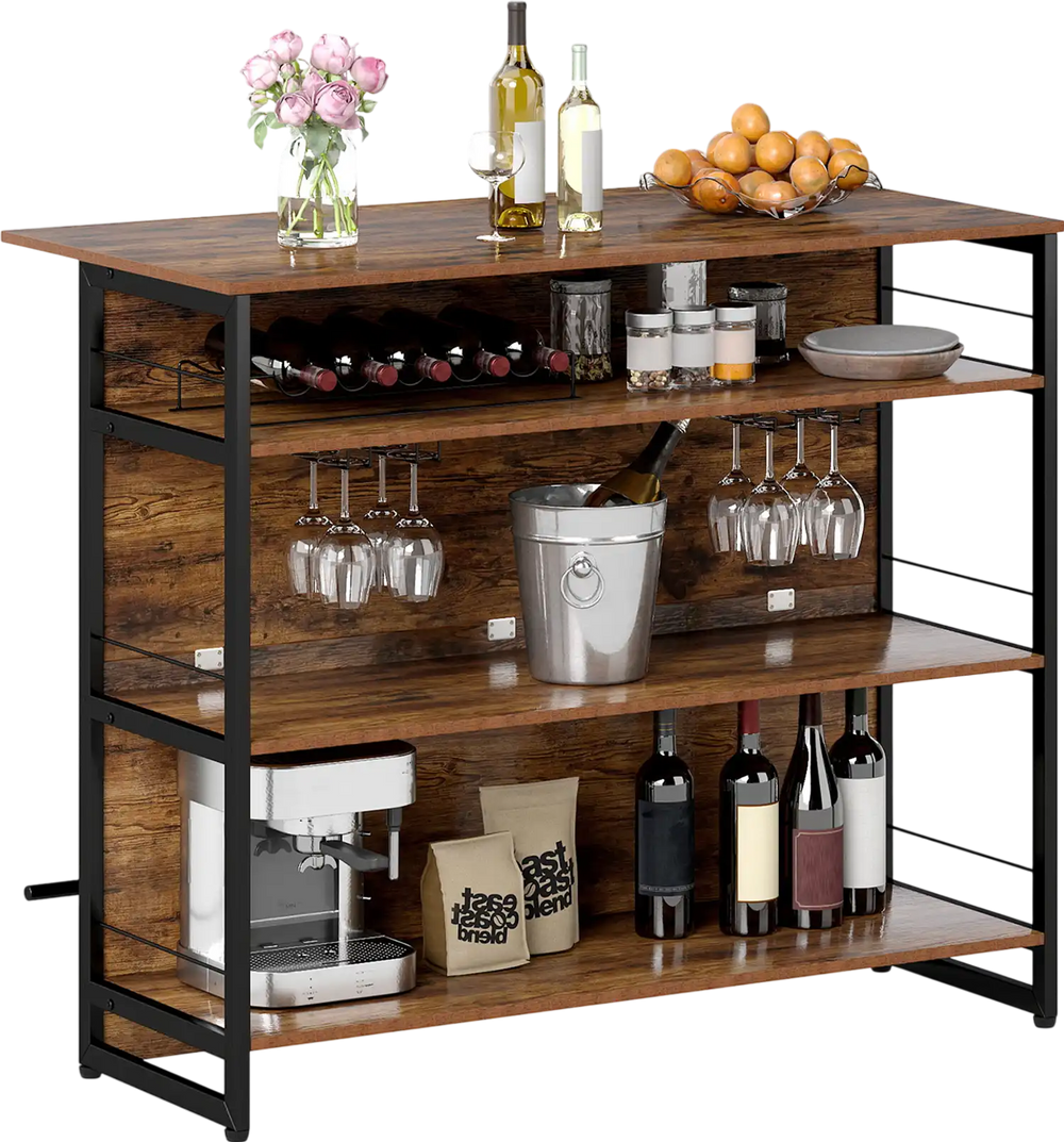 4-tier mini bar kitchen island with wine rack, open shelves, and footrest, perfect for home kitchens and entertainment.