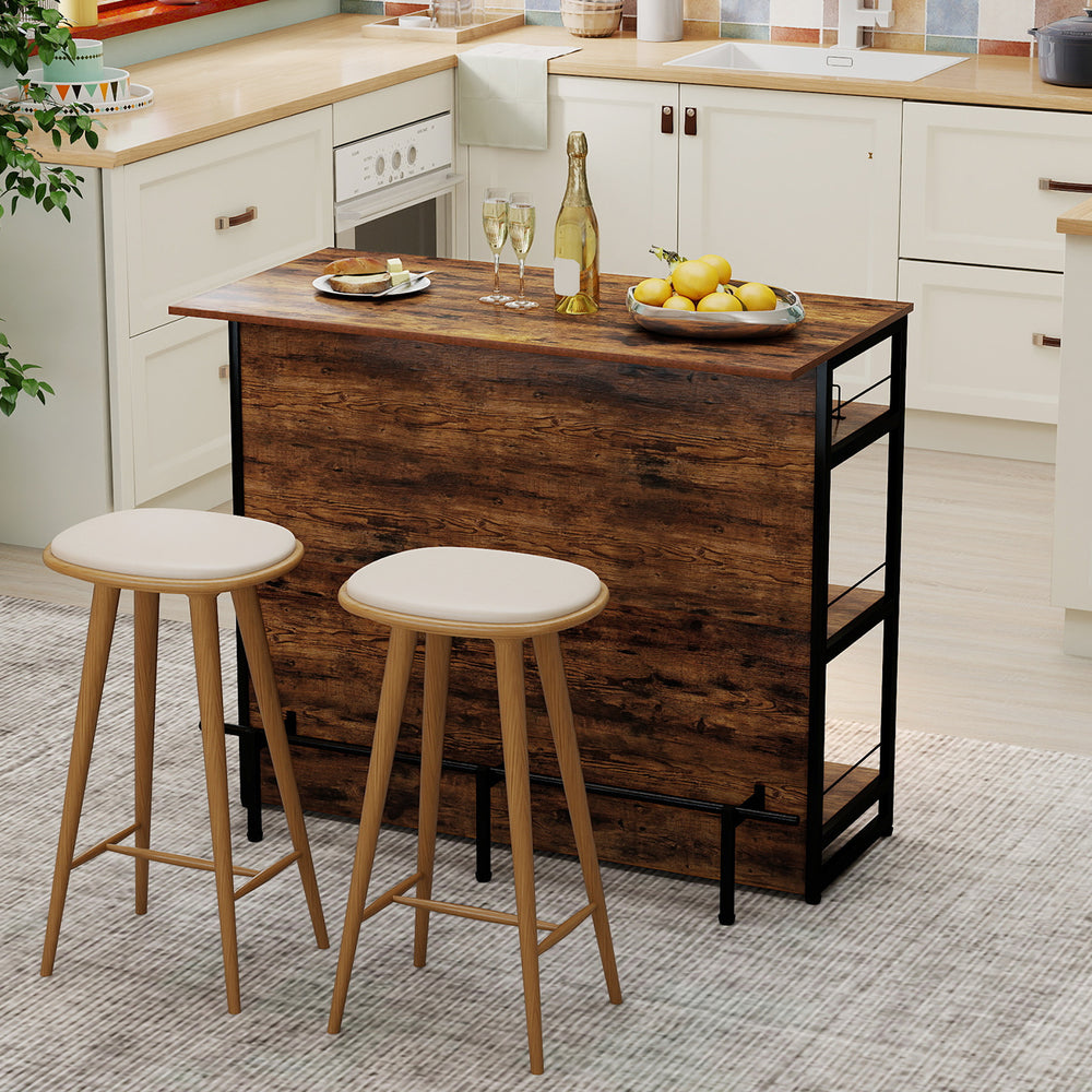 4-Tier Mini Bar Kitchen Island with wood finish, wine rack, and footrest, perfect for home kitchens and entertainment.