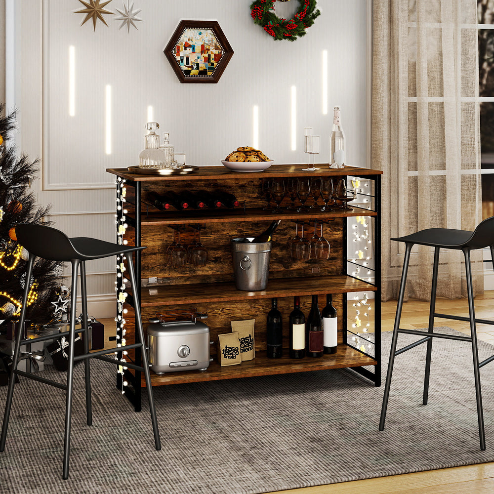 4-tier mini bar kitchen island with wine rack and footrest, featuring a rustic wood finish and ample storage for.
