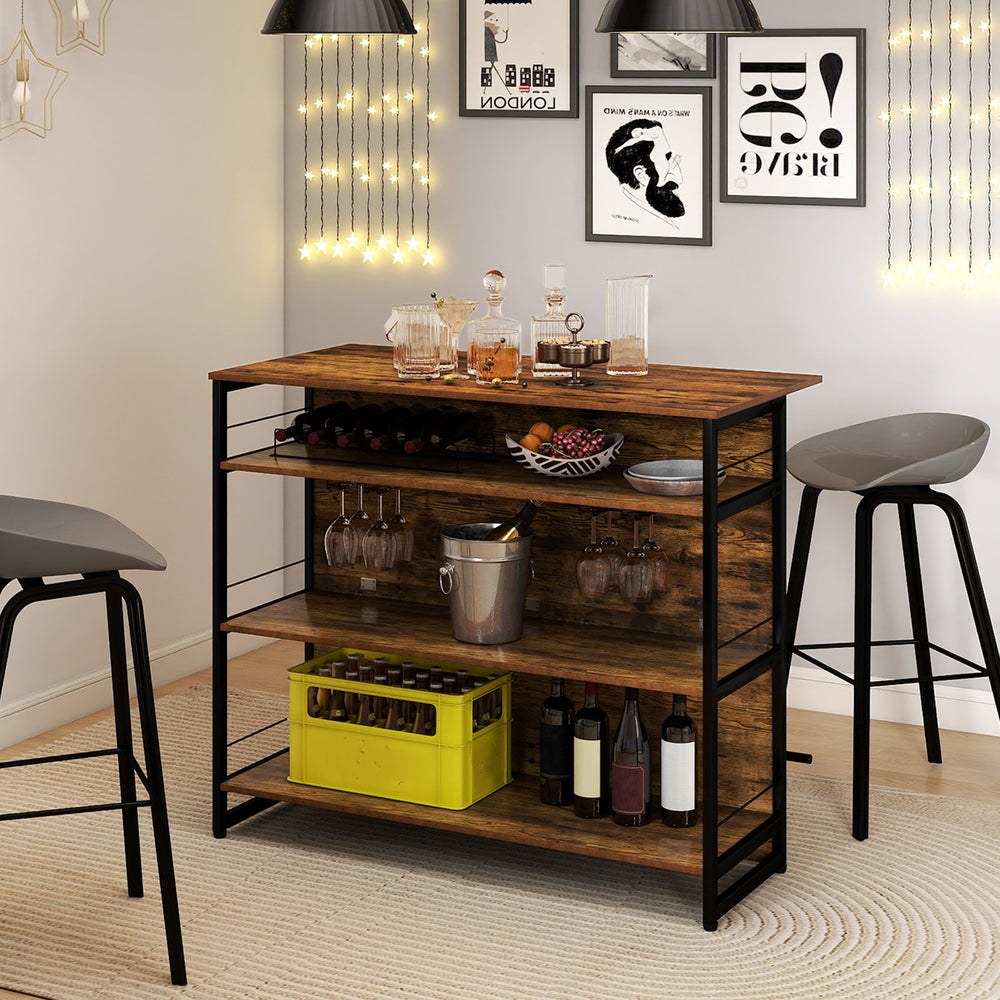 4-tier mini bar kitchen island with footrest, wine rack, and open shelves for organizing essentials in home.