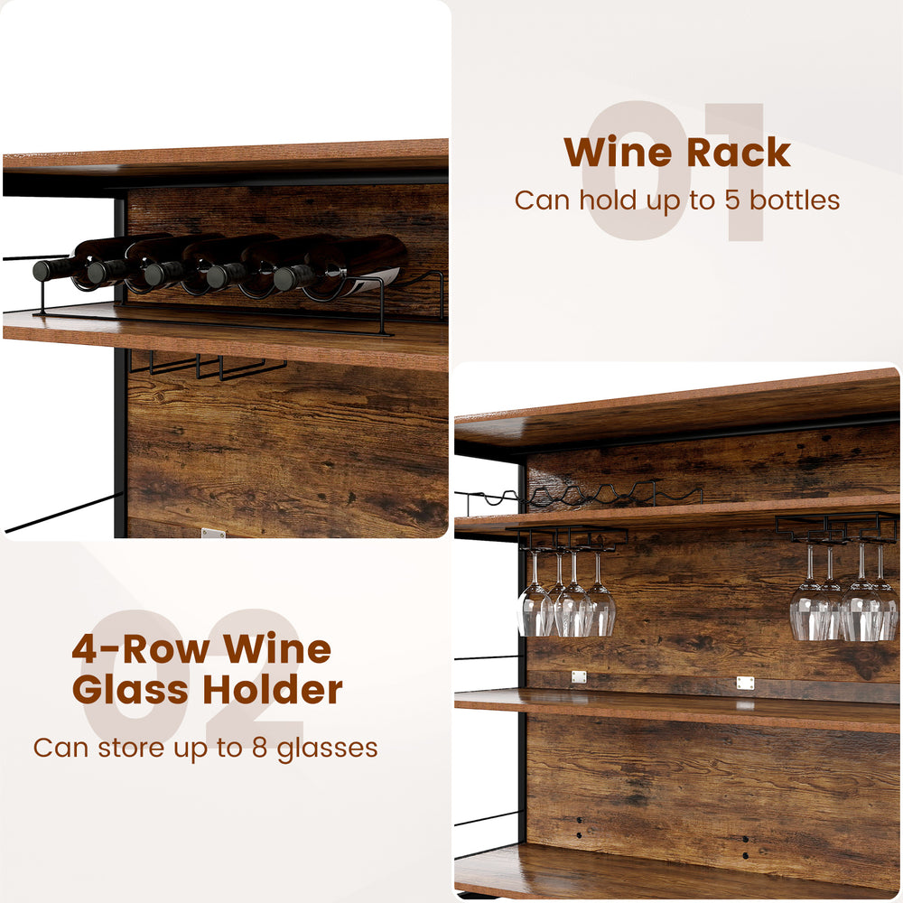 4-tier mini bar kitchen island featuring a wine rack for 5 bottles and a 4-row glass holder for 8 glasses.