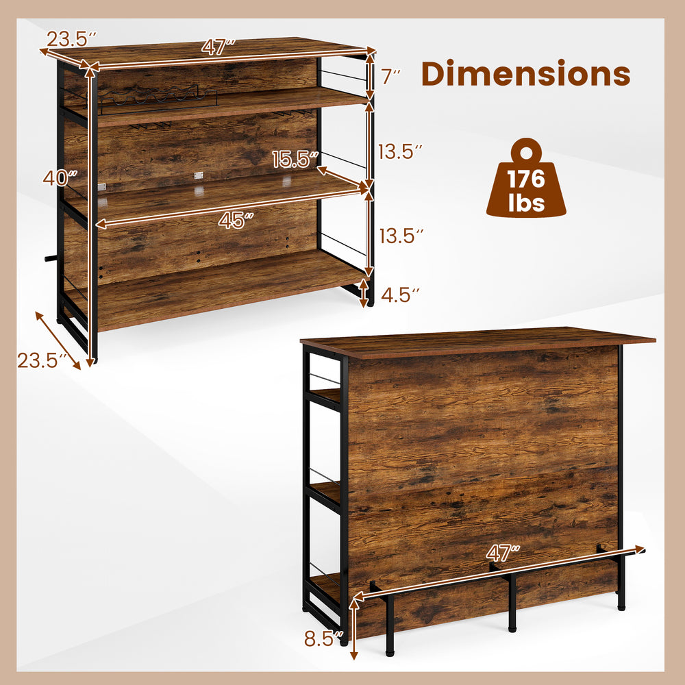 4-Tier Mini Bar Kitchen Island dimensions with wine rack, shelves, and footrest, designed for home kitchens and bars.