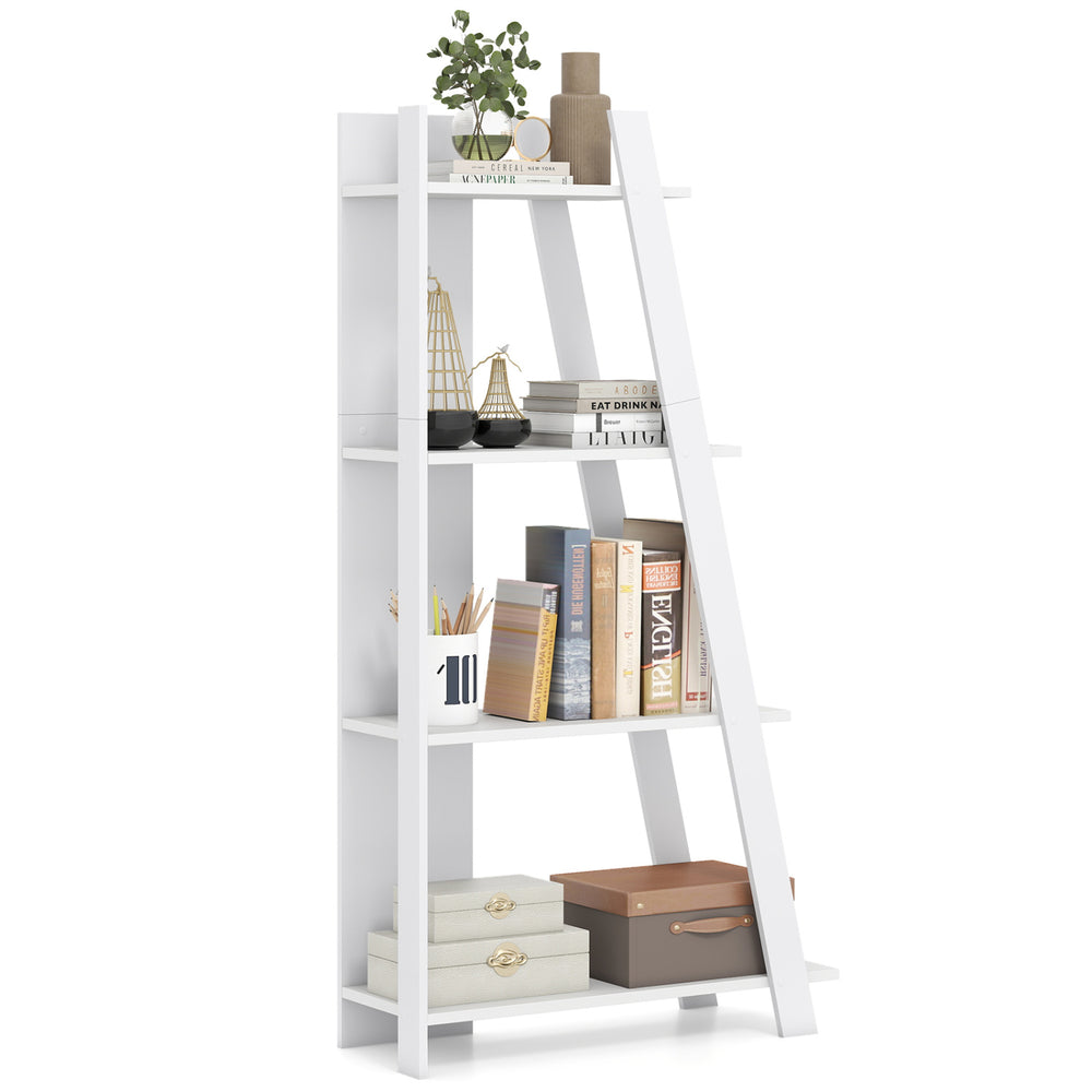 4-tier white wooden bookshelf with anti-toppling device, perfect for small spaces and displaying decor in any room.