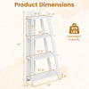 4-tier white wooden bookshelf dimensions showing height, width, and capacity, ideal for small spaces and home.
