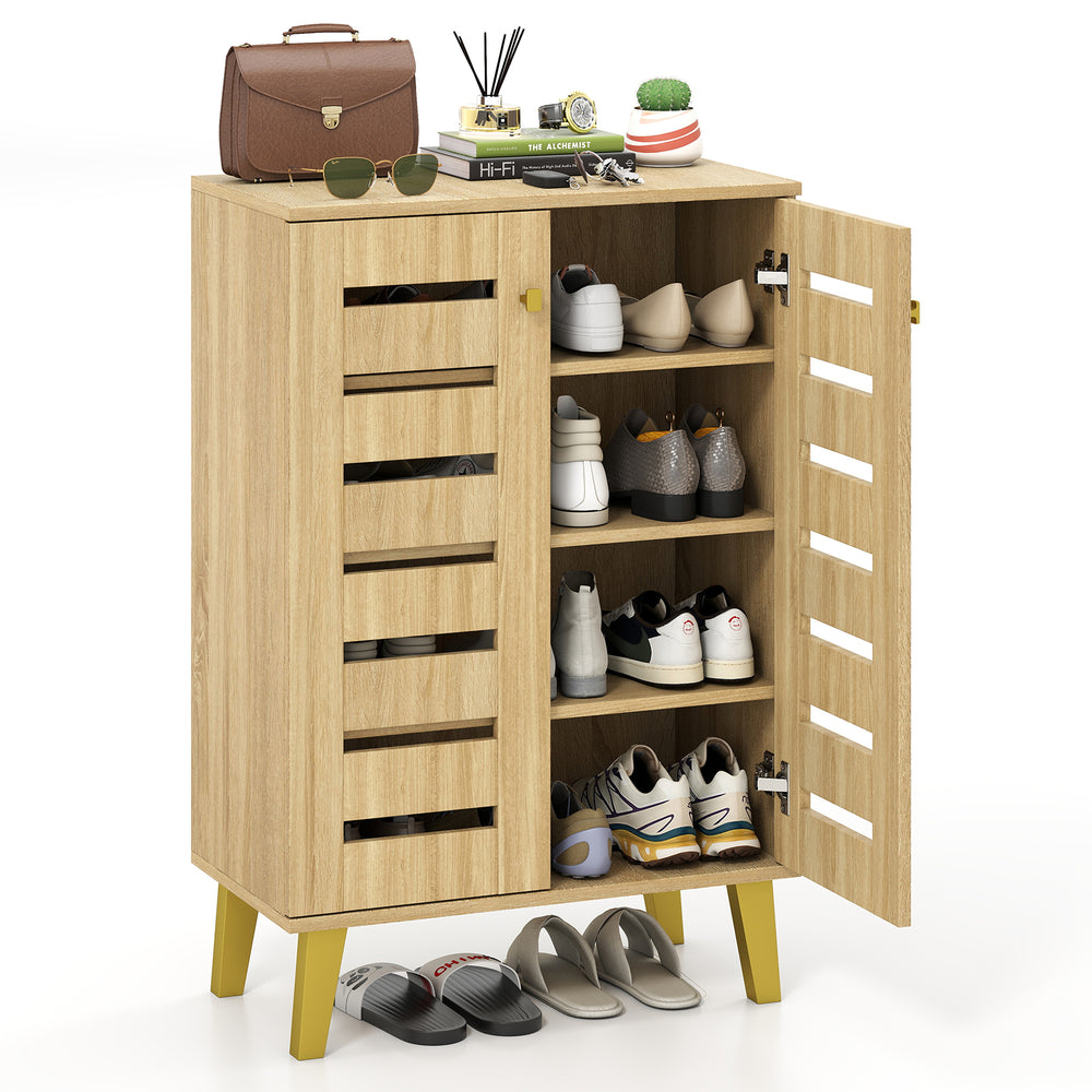 4-tier wooden shoe cabinet with louvered doors, removable shelves, and spacious countertop for organized storage.