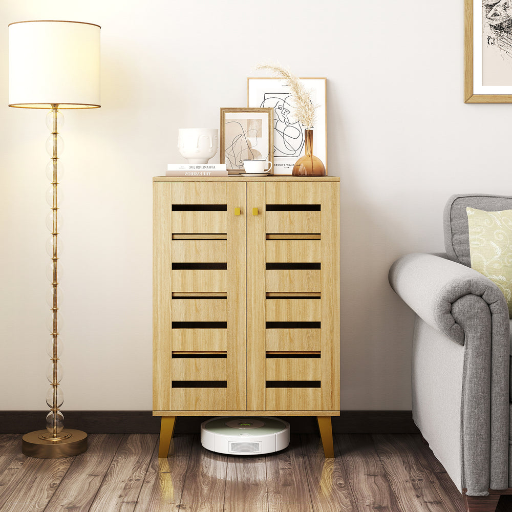 4-tier wooden shoe cabinet with oak finish and louvered doors, featuring user-friendly handles for easy access and.