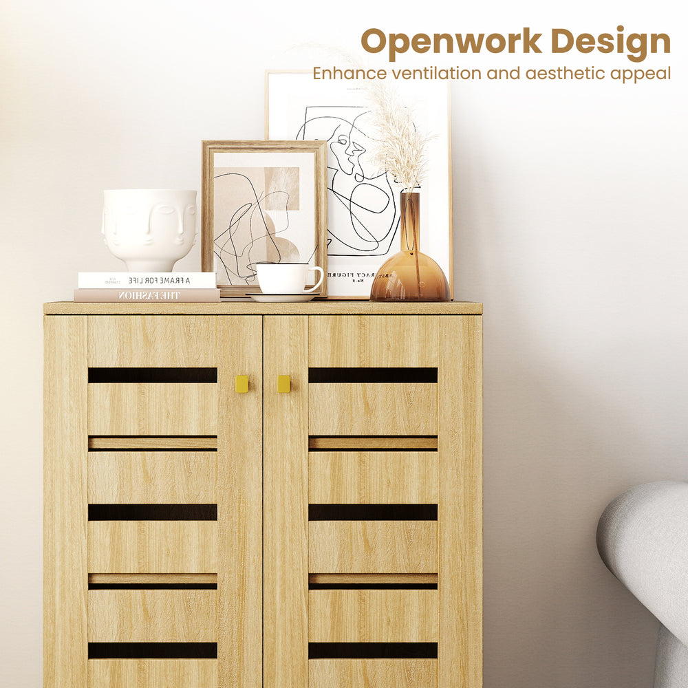 4-tier wooden shoe cabinet in oak with louvered doors for ventilation, perfect for entryway or living room organization.