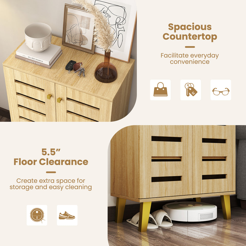 4-tier wooden shoe cabinet with louvered doors, spacious countertop, and 5.5" clearance for easy cleaning and storage.