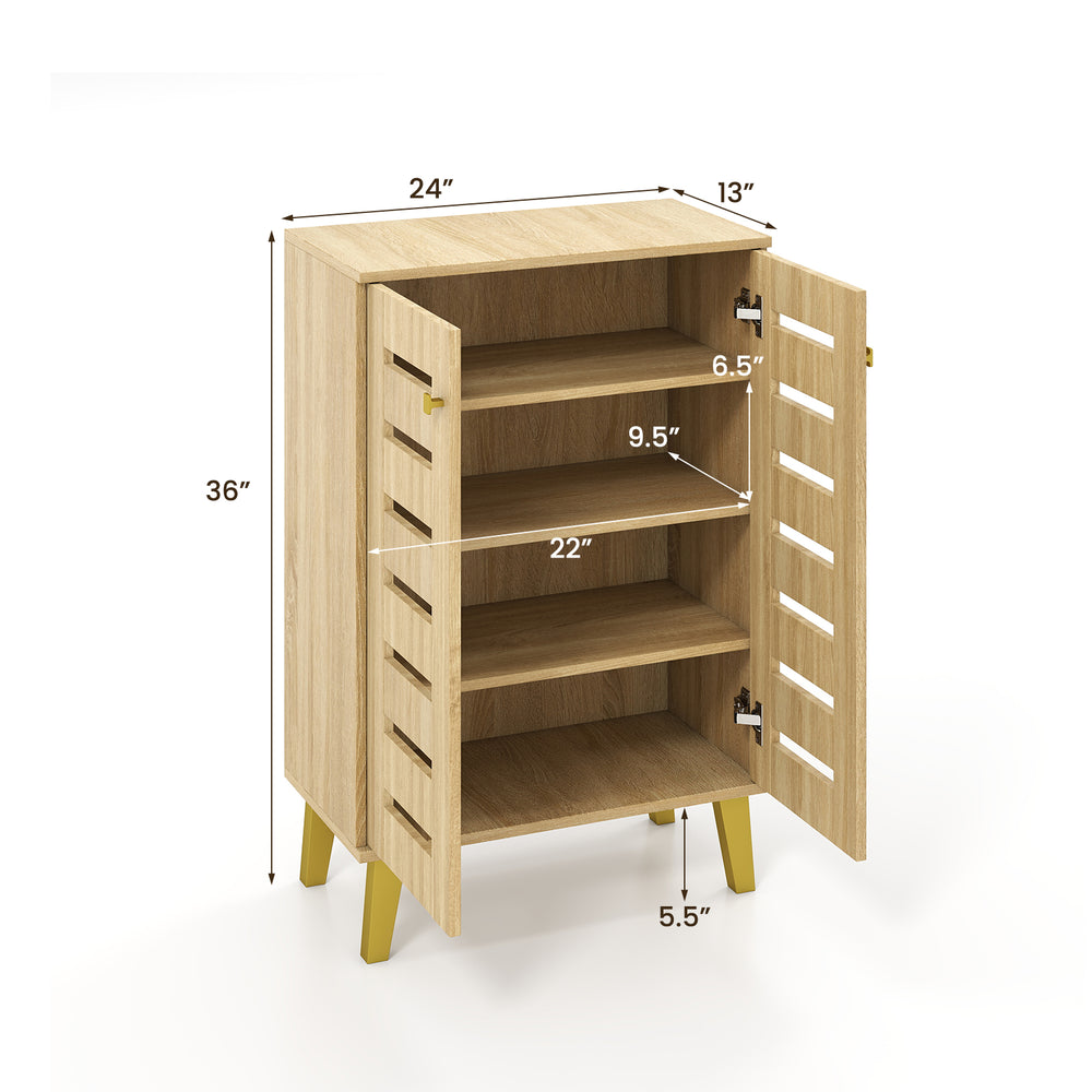 4-tier wooden shoe cabinet with louvered doors, removable shelves, and oak finish, perfect for entryway organization.