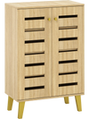 Modern 4-tier wooden shoe cabinet in oak with louvered doors, removable shelves, and yellow legs for stylish storage.