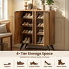 4-tier modern freestanding shoe cabinet in natural wood finish, designed for organized storage of various footwear types.