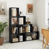 Modern 4-tier black bookshelf with 6 storage cubes, ideal for living room or study, featuring a unique stepped design.