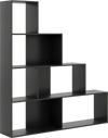 Modern 4-tier black bookshelf with 6 storage cubes, featuring a unique stepped design for living room or study use.