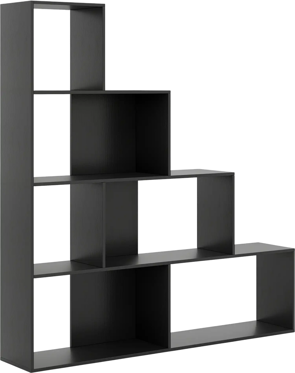 Modern 4-tier black bookshelf with 6 storage cubes, featuring a unique stepped design for living room or study use.