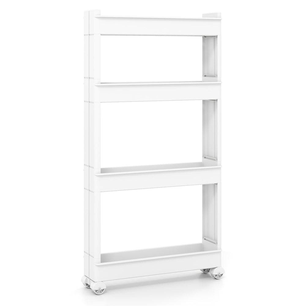 4-tier multifunctional slim storage trolley in white with detachable trays and smooth wheels for easy movement.