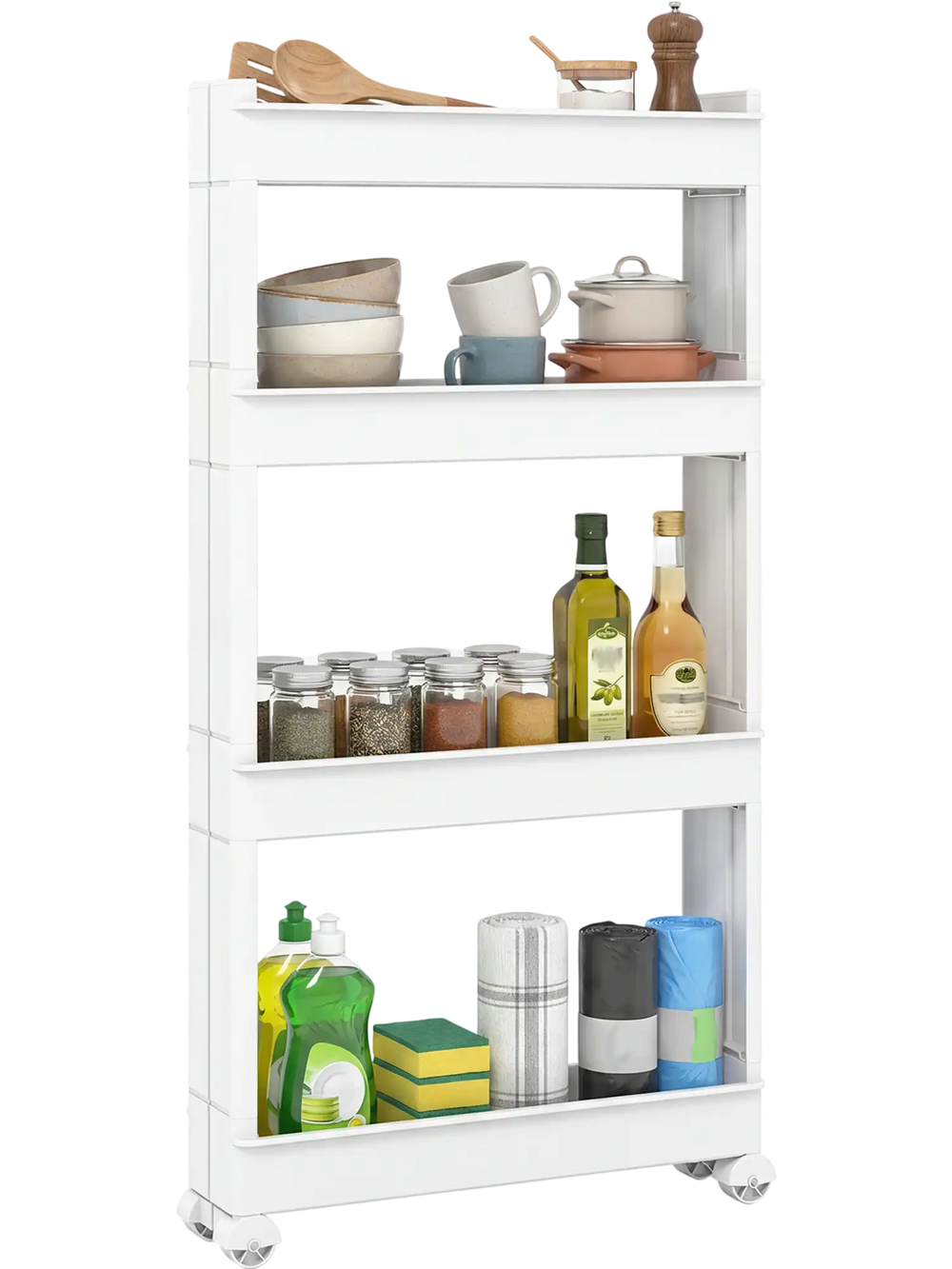 4-tier white multifunctional storage trolley with detachable trays, ideal for organizing kitchens and living spaces.