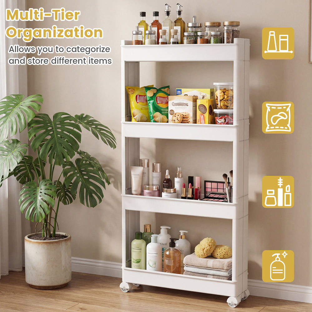 4-tier multifunctional slim storage trolley in white with detachable trays, ideal for organizing kitchens and bathrooms.
