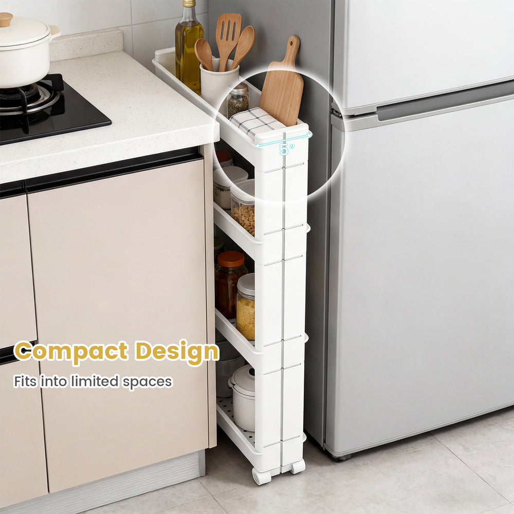 4-tier multifunctional slim storage trolley in white with detachable trays, ideal for optimizing limited kitchen space.