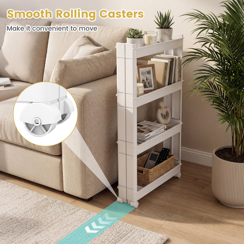 4-tier multifunctional slim storage trolley in white with detachable trays and smooth rolling casters for easy movement.