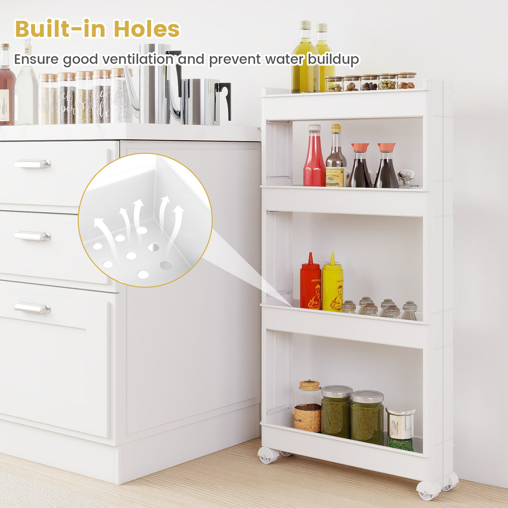 4-tier multifunctional slim storage trolley in white with detachable trays, ideal for kitchen organization and.