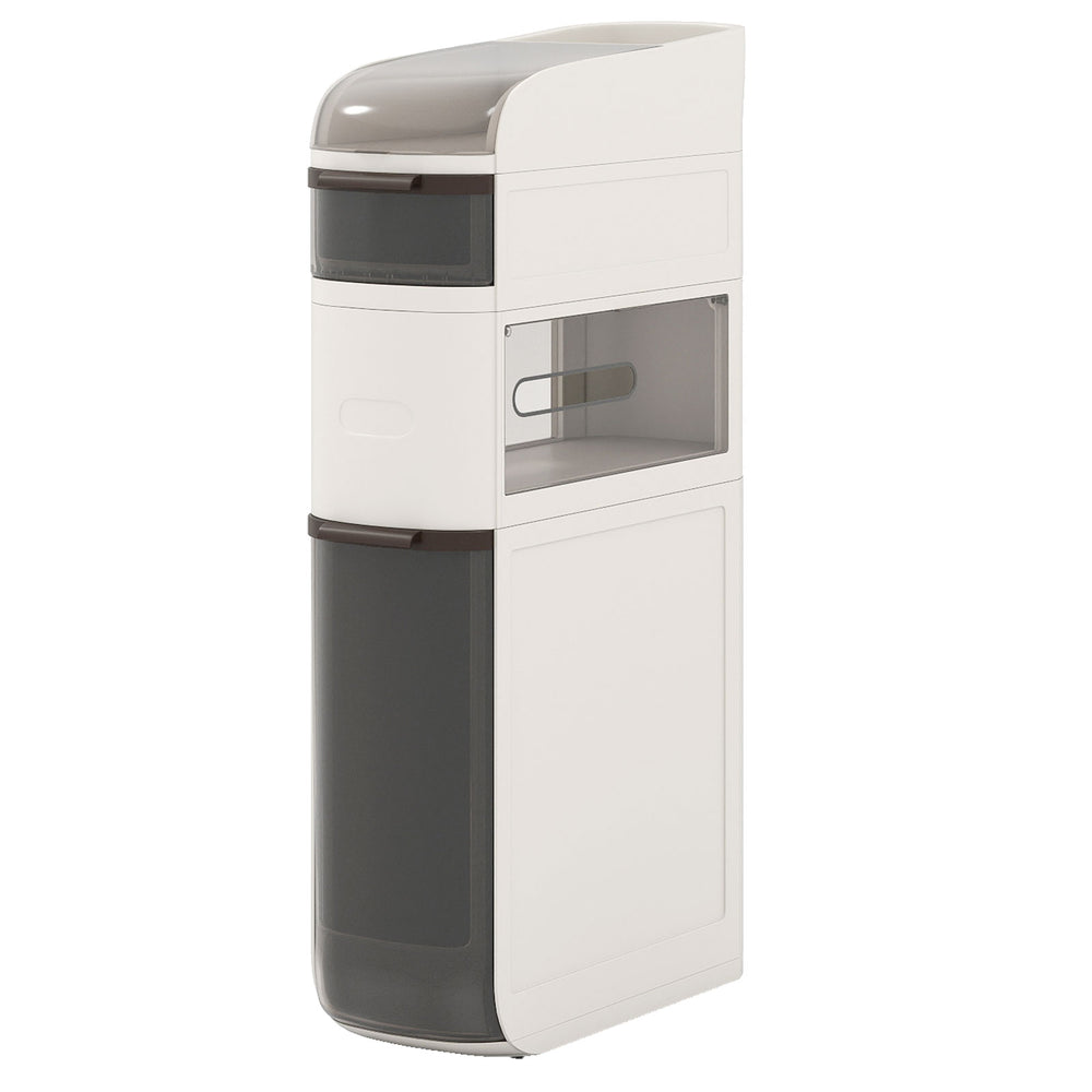 Narrow 4-tier bathroom storage cabinet with drawers, tissue box, and wheels for easy mobility in limited spaces.