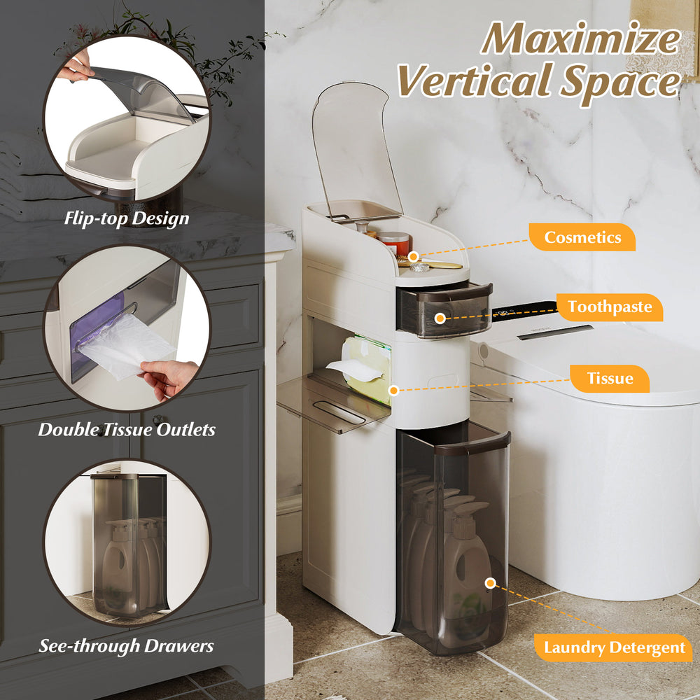 4-tier narrow bathroom storage cabinet with flip-top design, double tissue outlets, and see-through drawers for.