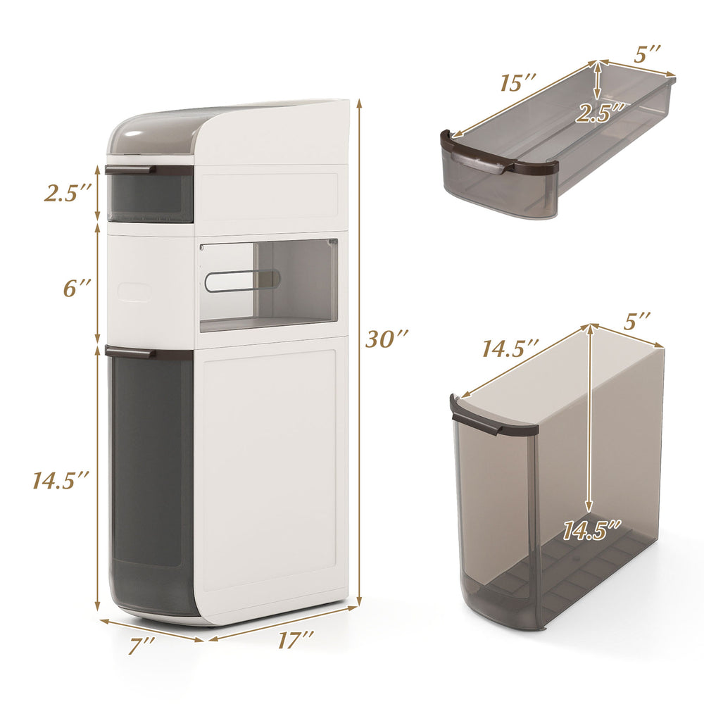 Narrow 4-tier bathroom storage cabinet with removable drawers, tissue box, and wheels for easy mobility and.