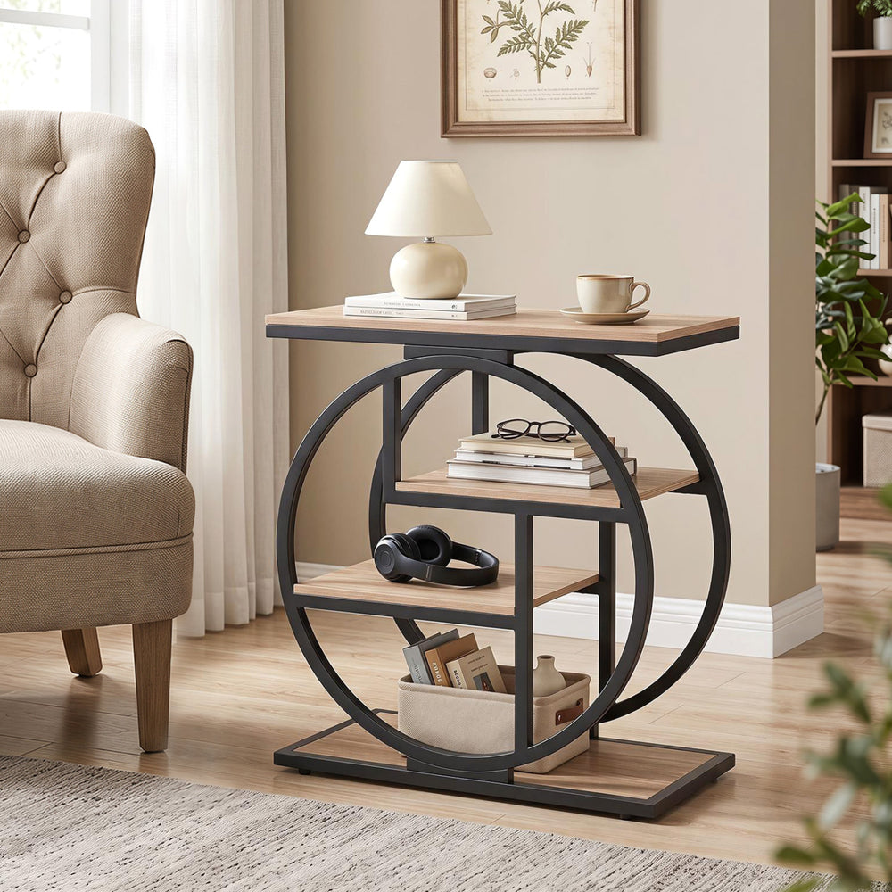 Narrow gray end table with geometric metal frame and storage shelves, perfect for small living room spaces.