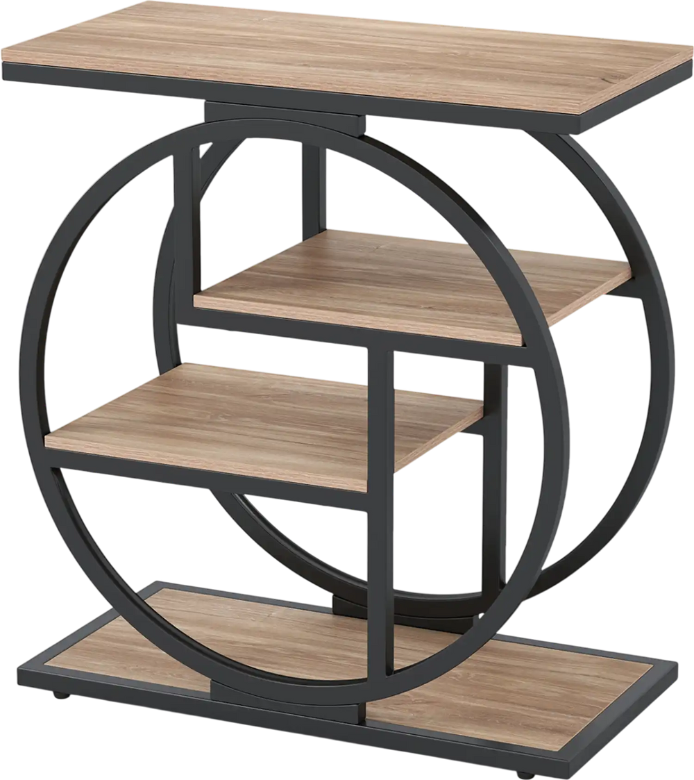 Narrow gray end table featuring a geometric metal frame and three storage shelves, ideal for small living spaces.