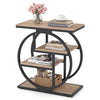 Narrow gray end table with 4 storage shelves and a geometric metal frame, ideal for small living room spaces.
