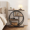 Narrow gray end table with geometric metal frame and storage shelves, ideal for small spaces and modern decor.